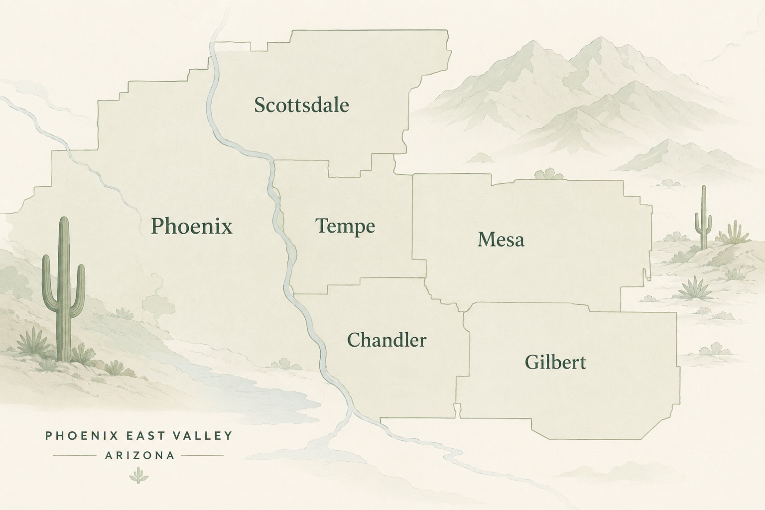 Illustrated map of the HNM service areaa covering Scottsdale, Phoenix, Tempe, Chandler, Mesa, and Gilbert, Arizona